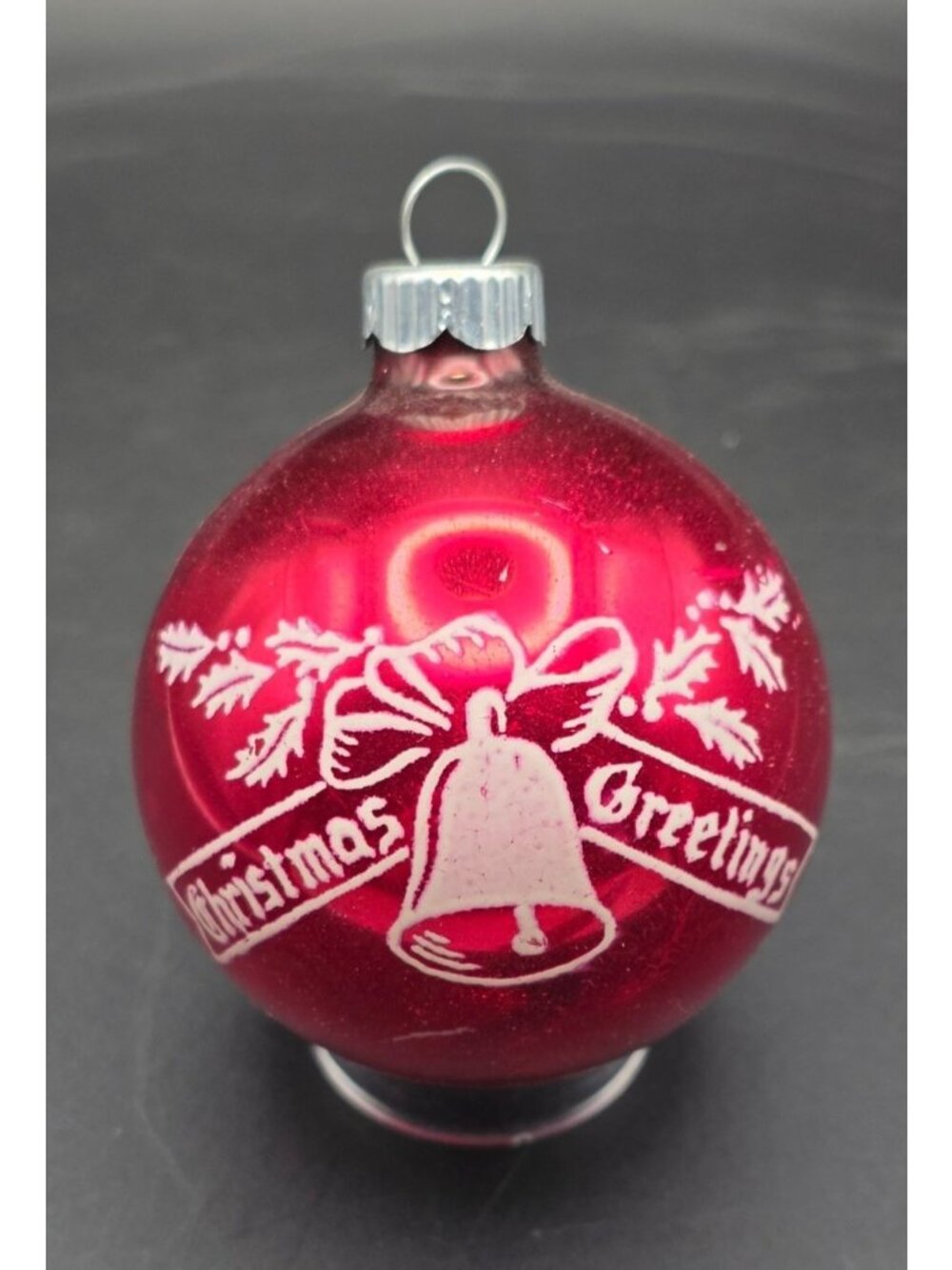 Vintage MCM Shiny Brite Stenciled Bell & Christmas Greetings Red Ornament